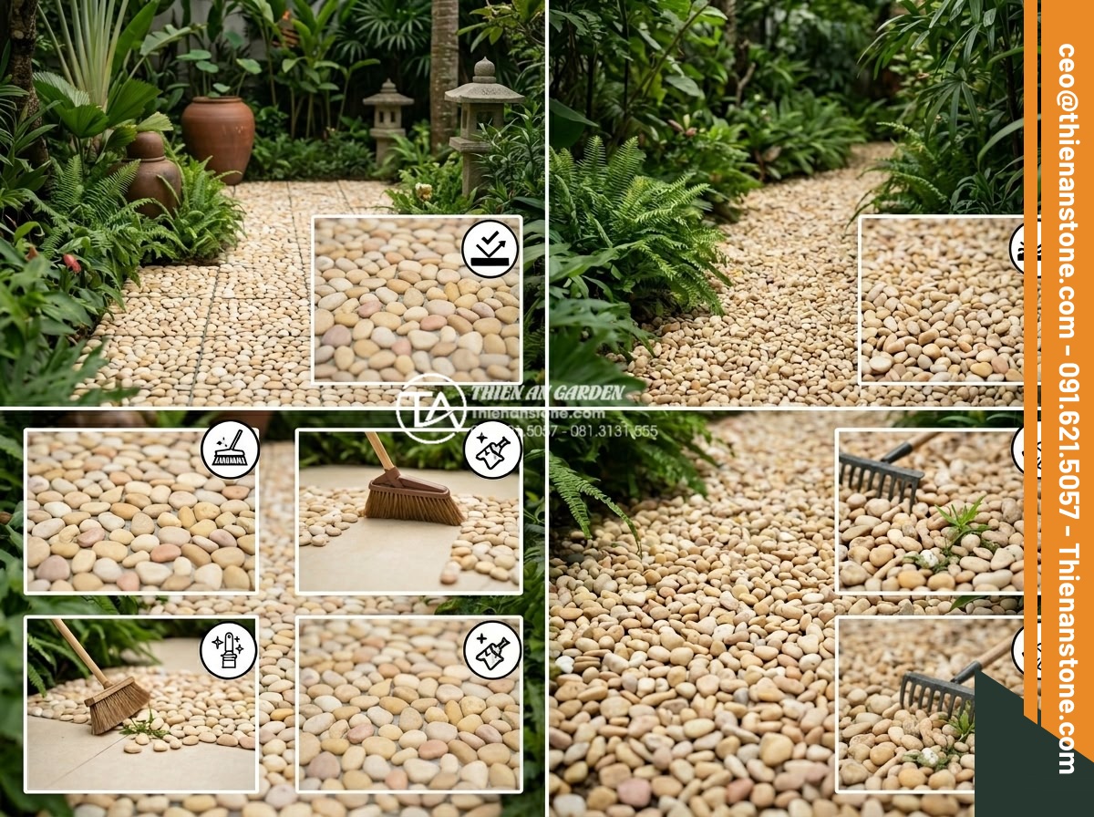 Gạch Sỏi Lát Sân Vườn: Giải Pháp Chống Trơn Trượt Và Thẩm Mỹ Cao - Hình 7 Gạch Sỏi Lát Sân Vườn: Giải Pháp Chống Trơn Trượt Và Thẩm Mỹ Cao - Side by side comparison of pebble tile paving versus loose gravel garden path, s