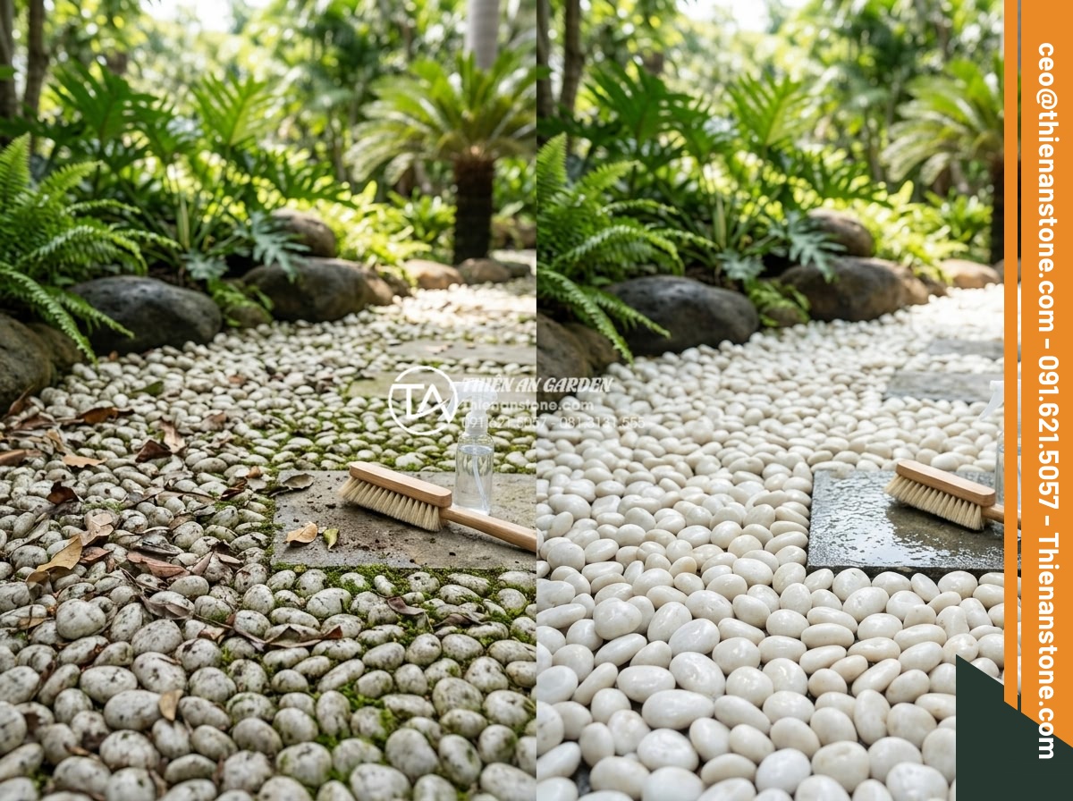 Gạch Sỏi Lát Sân Vườn: Giải Pháp Chống Trơn Trượt Và Thẩm Mỹ Cao - Hình 9 Gạch Sỏi Lát Sân Vườn: Giải Pháp Chống Trơn Trượt Và Thẩm Mỹ Cao - Maintenance guide visual showing person gently cleaning natural pebble garden ti