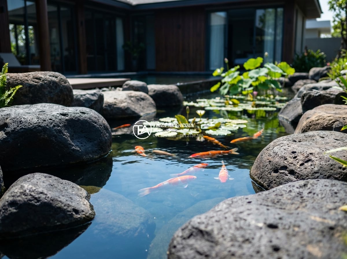 Giá Đá Làm Hồ Cá Koi 2026: Báo Giá Chi Tiết Từng Loại & Bảng Giá Mới Nhất - Luxurious outdoor Koi pond in 2026 featuring natural river stones, clear blue wa