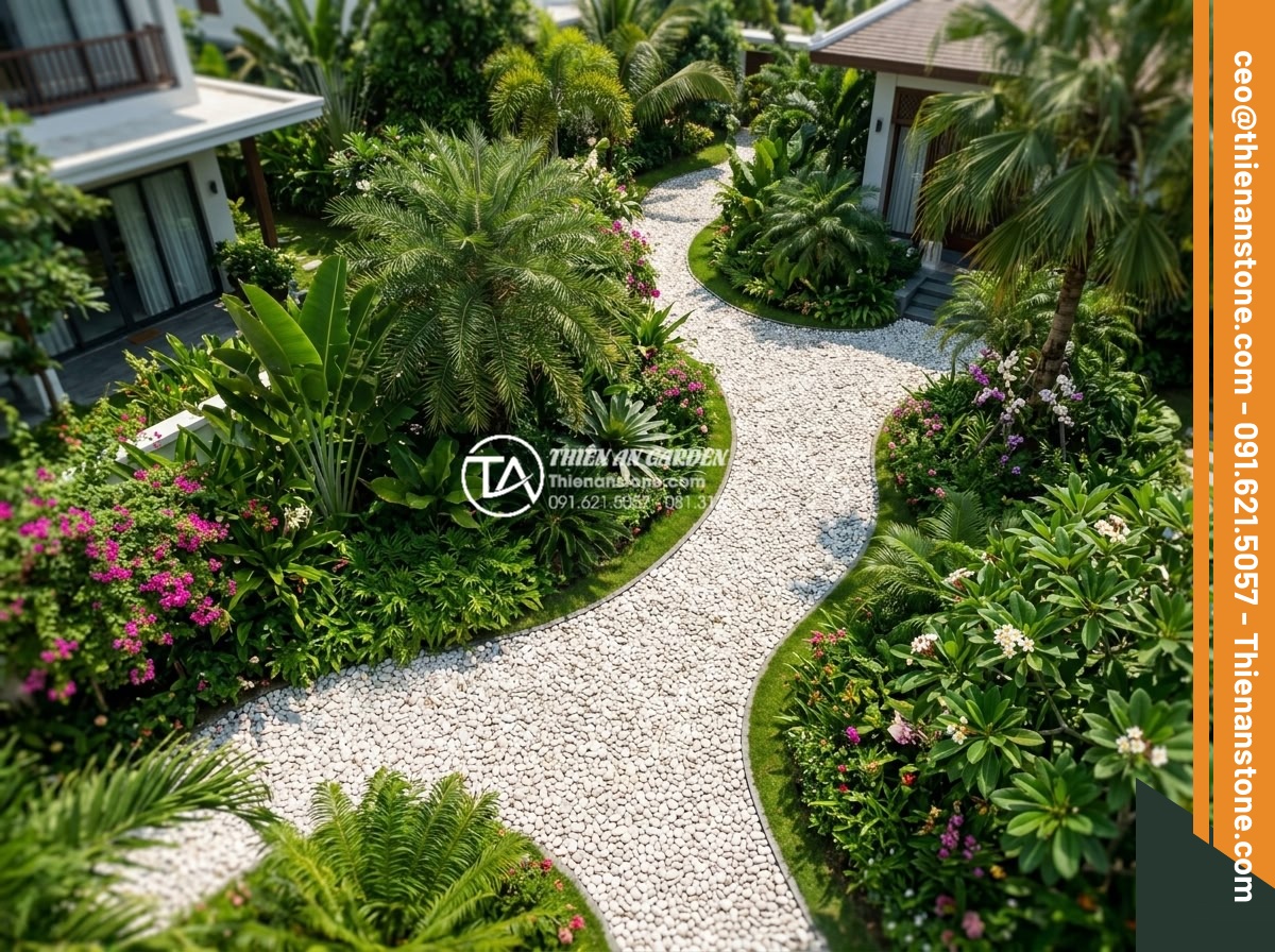 Hỏi Đáp: Rải Sỏi Sân Vườn Có Bị Muỗi Và Côn Trùng Trú Ngụ? - Aerial view of a modern Vietnamese luxury villa garden with clean white gravel p