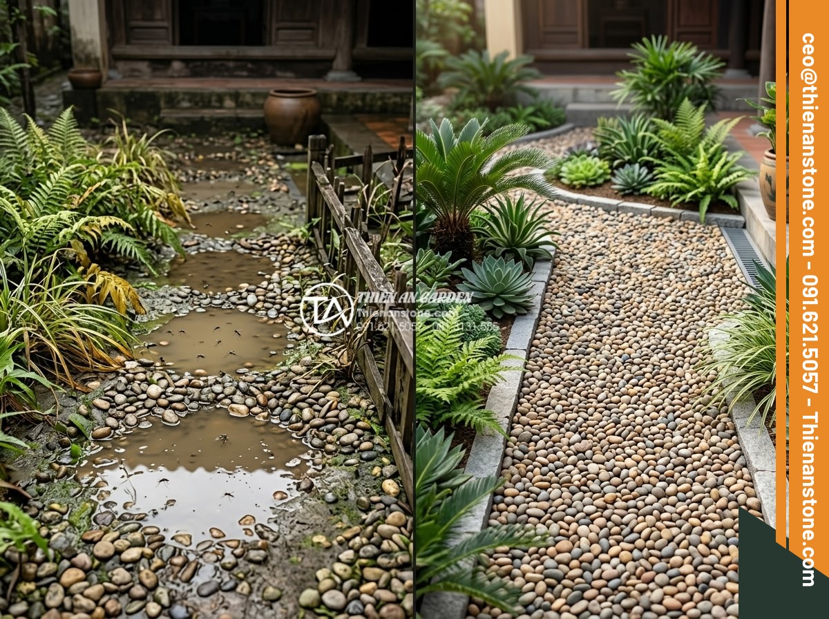 Hỏi Đáp: Rải Sỏi Sân Vườn Có Bị Muỗi Và Côn Trùng Trú Ngụ? - Before and after comparison of a gravel garden: left side shows poor drainage wi
