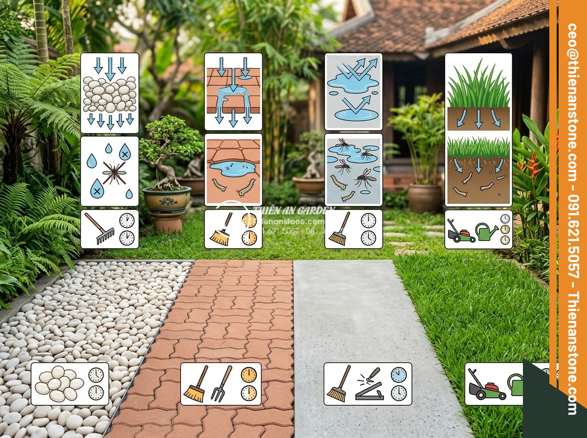 Hỏi Đáp: Rải Sỏi Sân Vườn Có Bị Muỗi Và Côn Trùng Trú Ngụ? - Professional comparison infographic showing four different garden flooring types