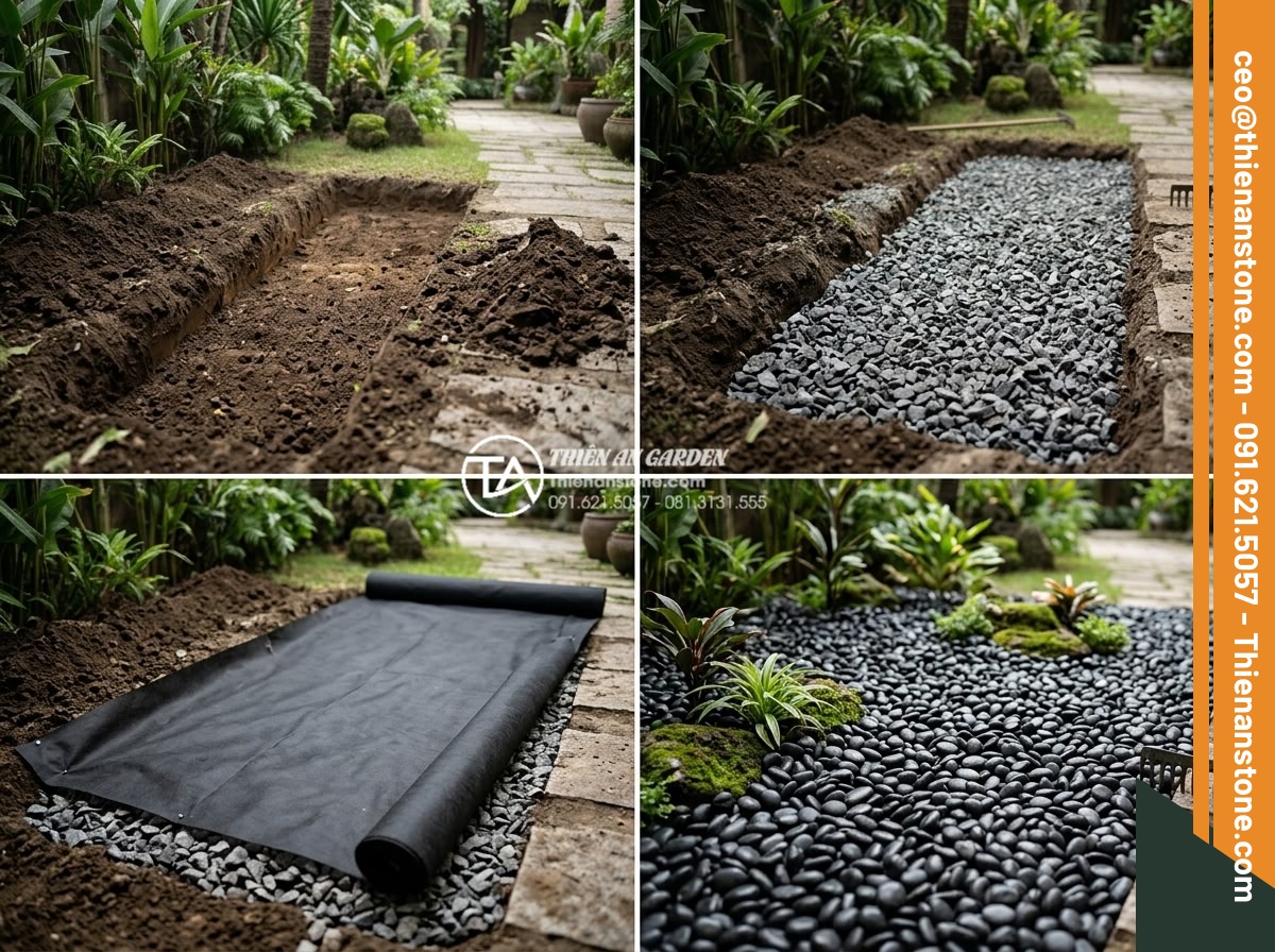 Hỏi Đáp: Rải Sỏi Sân Vườn Có Bị Muỗi Và Côn Trùng Trú Ngụ? - Step-by-step construction process of a professional gravel garden: excavation, b