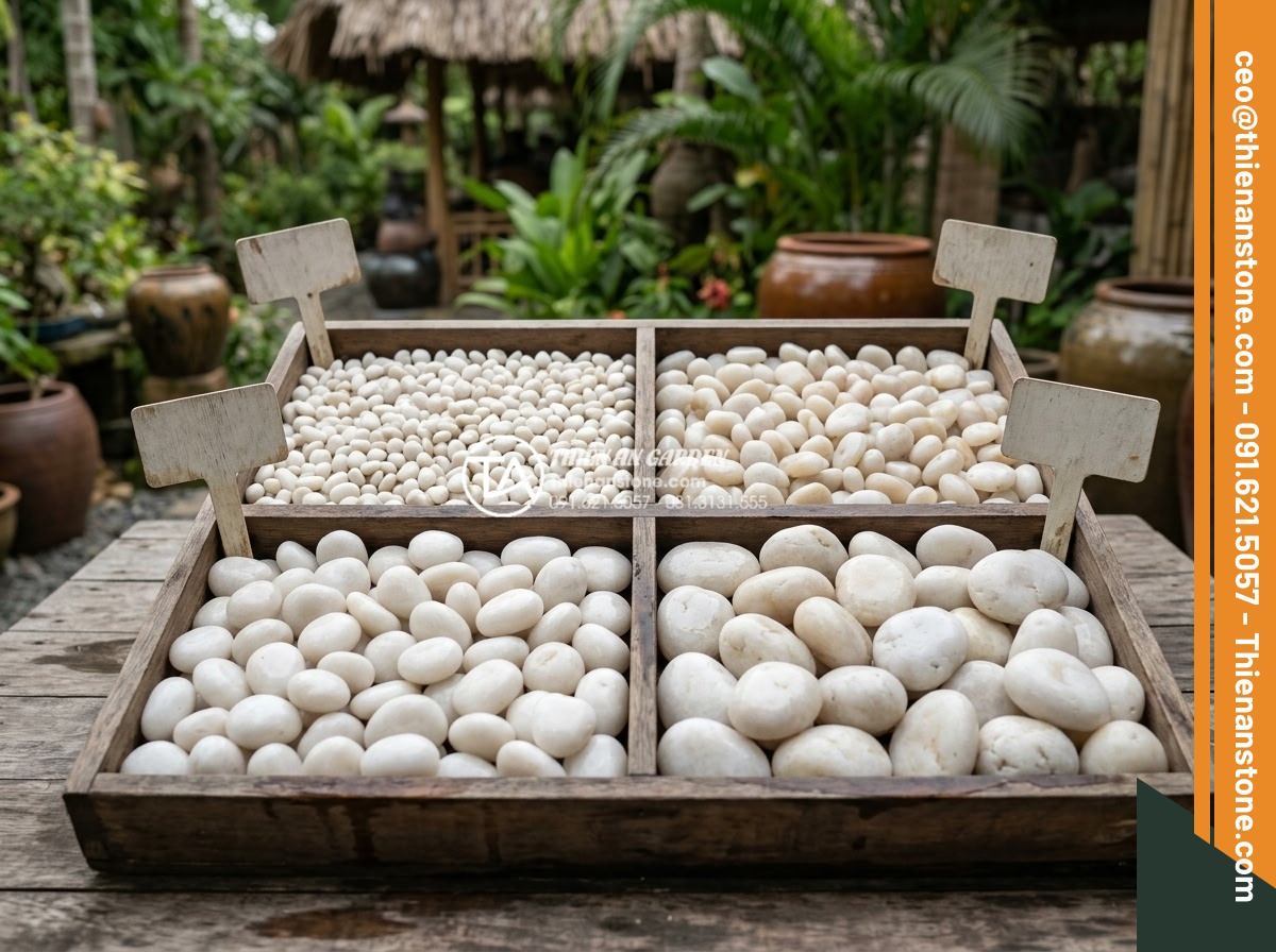 Hỏi Đáp: Rải Sỏi Sân Vườn Có Bị Muỗi Và Côn Trùng Trú Ngụ? - Beautiful display of different gravel types arranged in sections: large white pe