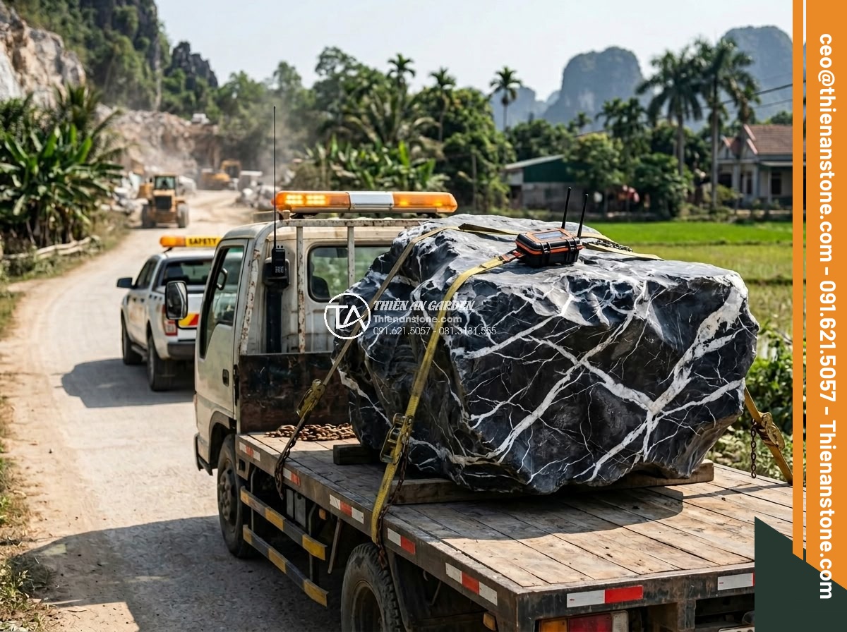 Hòn Non Bộ Bằng Đá Nguyên Khối: Quy Trình Vận Chuyển Và Lắp Đặt - Hình 12 Hòn Non Bộ Bằng Đá Nguyên Khối: Quy Trình Vận Chuyển Và Lắp Đặt - GPS tracking and safety crew monitoring the transportation of large natural ston