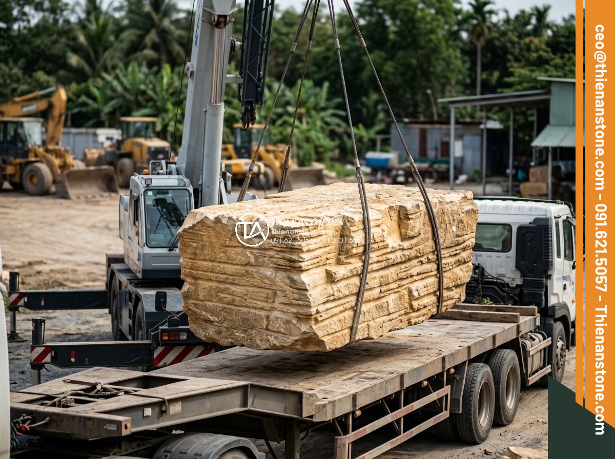 Hòn Non Bộ Bằng Đá Nguyên Khối: Quy Trình Vận Chuyển Và Lắp Đặt - Hình 13 Hòn Non Bộ Bằng Đá Nguyên Khối: Quy Trình Vận Chuyển Và Lắp Đặt - Advanced crane and heavy machinery lifting a monolithic stone block onto transpo