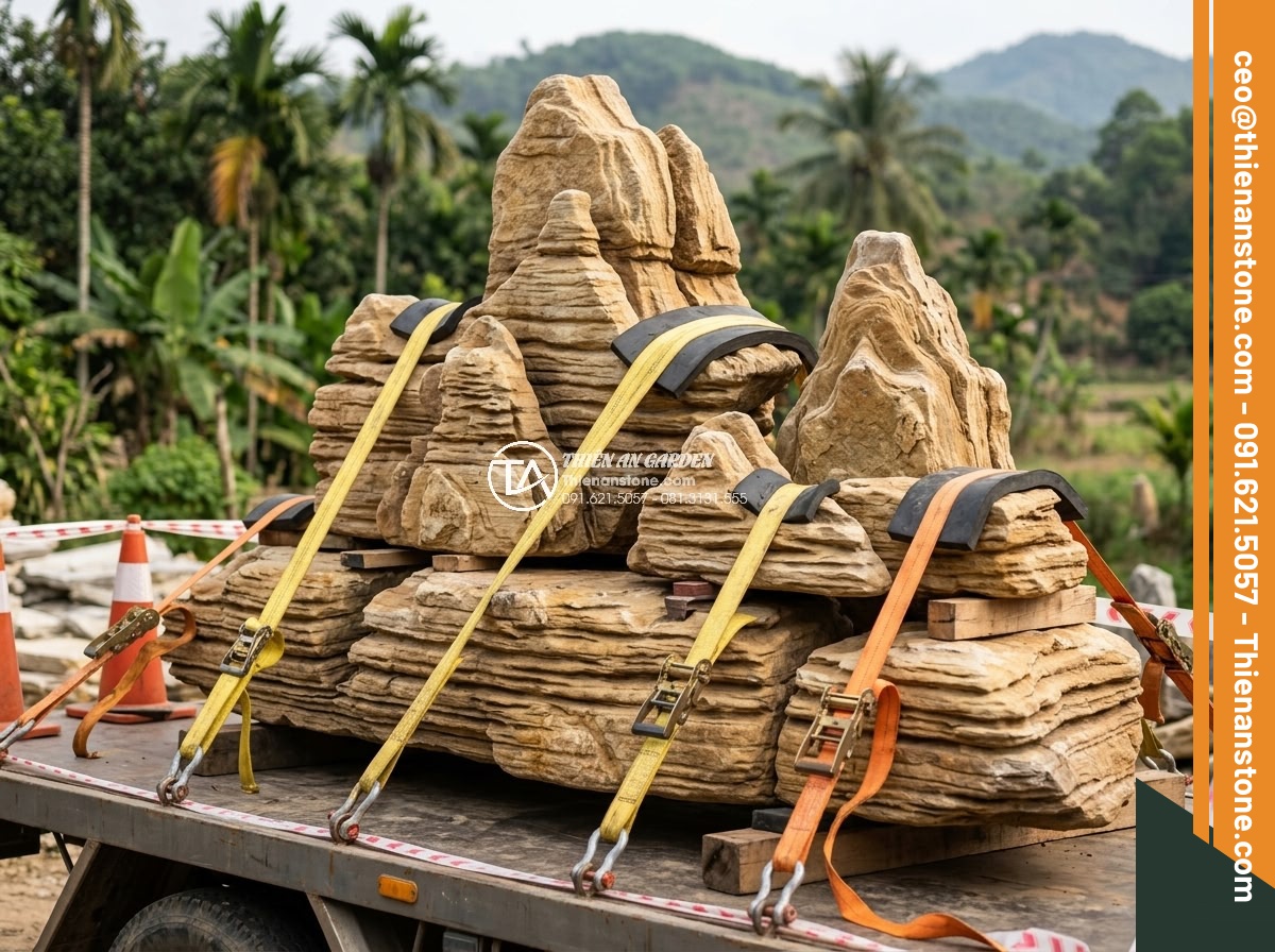 Hòn Non Bộ Bằng Đá Nguyên Khối: Quy Trình Vận Chuyển Và Lắp Đặt - Hình 14 Hòn Non Bộ Bằng Đá Nguyên Khối: Quy Trình Vận Chuyển Và Lắp Đặt - Safety equipment and specialized rigging techniques securing large stone rockery