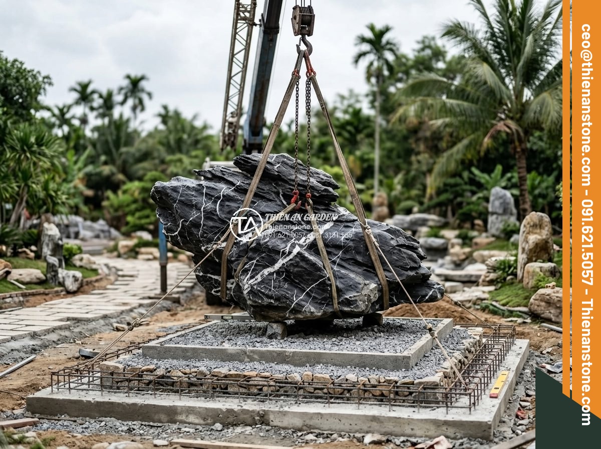 Hòn Non Bộ Bằng Đá Nguyên Khối: Quy Trình Vận Chuyển Và Lắp Đặt - Hình 17 Hòn Non Bộ Bằng Đá Nguyên Khối: Quy Trình Vận Chuyển Và Lắp Đặt - Professional installation crew using crane to precisely position monolithic ston