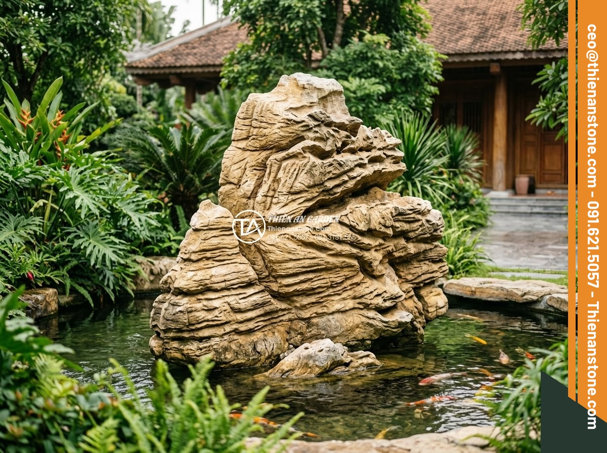 Hòn Non Bộ Bằng Đá Nguyên Khối: Quy Trình Vận Chuyển Và Lắp Đặt - Hình 2 Hòn Non Bộ Bằng Đá Nguyên Khối: Quy Trình Vận Chuyển Và Lắp Đặt - Majestic single-block stone rockery installed in a luxury villa garden surrounde