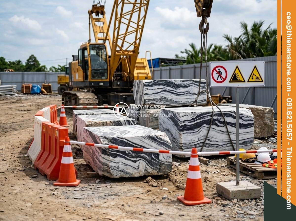 Hòn Non Bộ Bằng Đá Nguyên Khối: Quy Trình Vận Chuyển Và Lắp Đặt - Hình 20 Hòn Non Bộ Bằng Đá Nguyên Khối: Quy Trình Vận Chuyển Và Lắp Đặt - Safety protocols and warning signs during heavy stone block handling on site