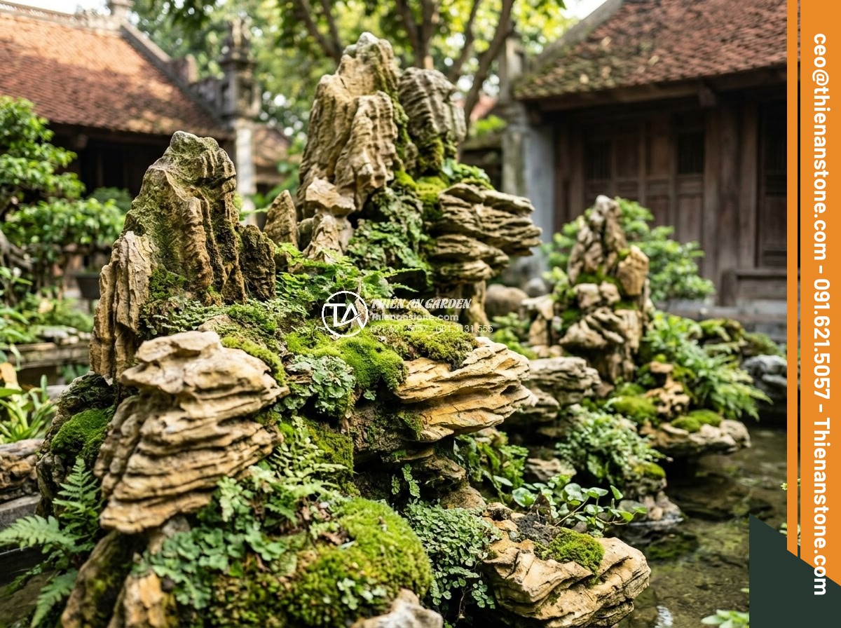 Hòn Non Bộ Bằng Đá Nguyên Khối: Quy Trình Vận Chuyển Và Lắp Đặt - Hình 22 Hòn Non Bộ Bằng Đá Nguyên Khối: Quy Trình Vận Chuyển Và Lắp Đặt - Long-term aged natural stone rockery with beautiful moss growth after proper car