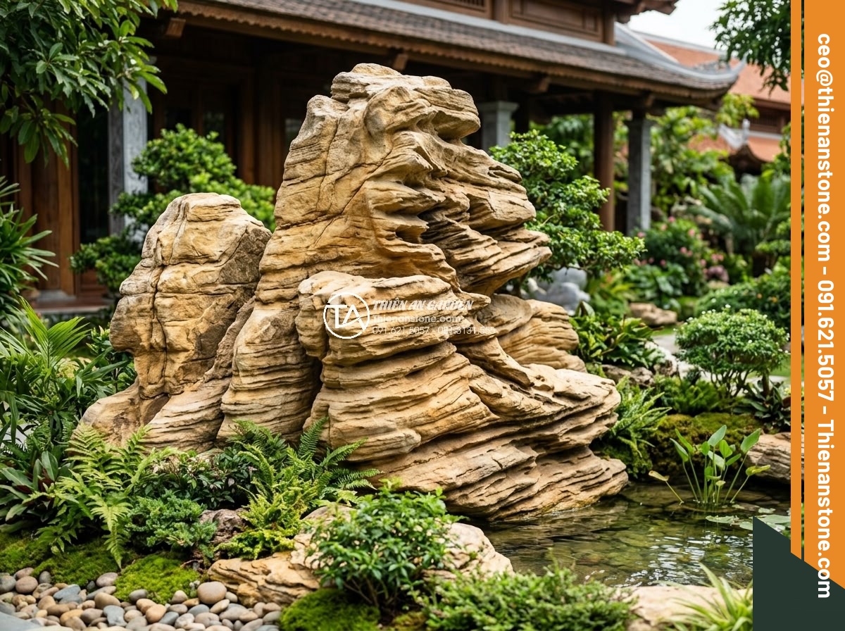 Hòn Non Bộ Bằng Đá Nguyên Khối: Quy Trình Vận Chuyển Và Lắp Đặt - Hình 24 Hòn Non Bộ Bằng Đá Nguyên Khối: Quy Trình Vận Chuyển Và Lắp Đặt - Completed high-end villa garden featuring stunning monolithic natural stone rock