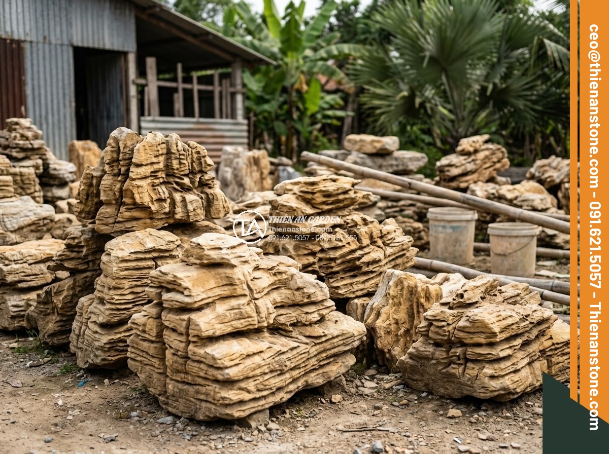 Hòn Non Bộ Bằng Đá Nguyên Khối: Quy Trình Vận Chuyển Và Lắp Đặt - Hình 5 Hòn Non Bộ Bằng Đá Nguyên Khối: Quy Trình Vận Chuyển Và Lắp Đặt - Various types of natural stones including granite, basalt, and marble blocks arr