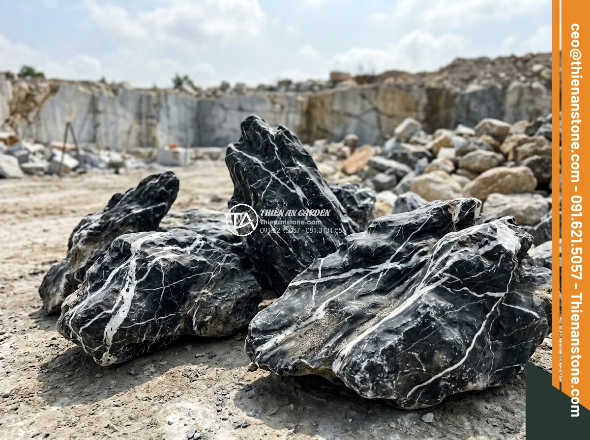 Hòn Non Bộ Bằng Đá Nguyên Khối: Quy Trình Vận Chuyển Và Lắp Đặt - Hình 6 Hòn Non Bộ Bằng Đá Nguyên Khối: Quy Trình Vận Chuyển Và Lắp Đặt - Artisan inspecting different natural stone varieties suitable for monolithic roc