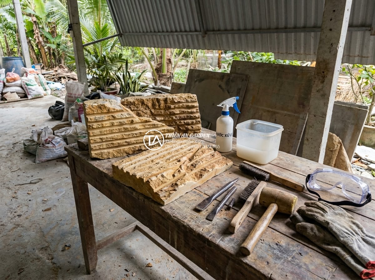 Hòn Non Bộ Bằng Đá San Hô: Kỹ Thuật Đục Đẽo Và Nuôi Rêu - Workshop setup with tools laid out for coral stone preparation before carving, i