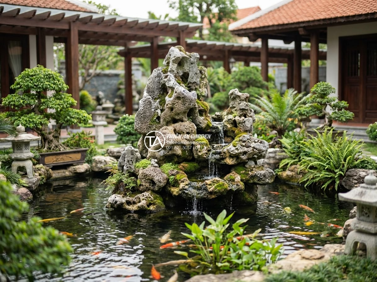 Hòn Non Bộ Bằng Đá San Hô: Kỹ Thuật Đục Đẽo Và Nuôi Rêu - Real-world application of coral stone hòn non bộ in a private villa garden with 