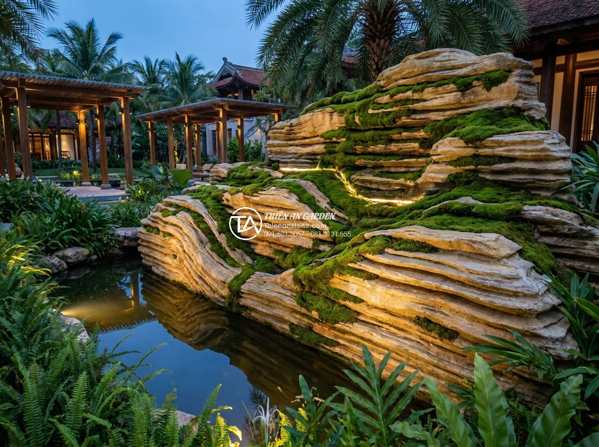 Hòn Non Bộ Bằng Đá San Hô: Kỹ Thuật Đục Đẽo Và Nuôi Rêu - Luxury resort landscape featuring large-scale coral stone non bộ with thriving m