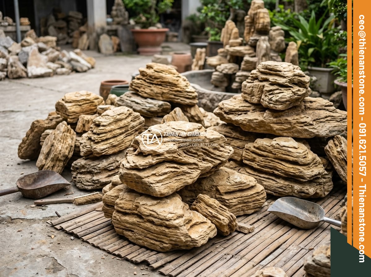 Hòn Non Bộ Đá Cổ Thạch: Tại Sao Lại Có Giá Trị Cao? - Artisan sorting through piles of various colored cổ thạch rocks specifically for