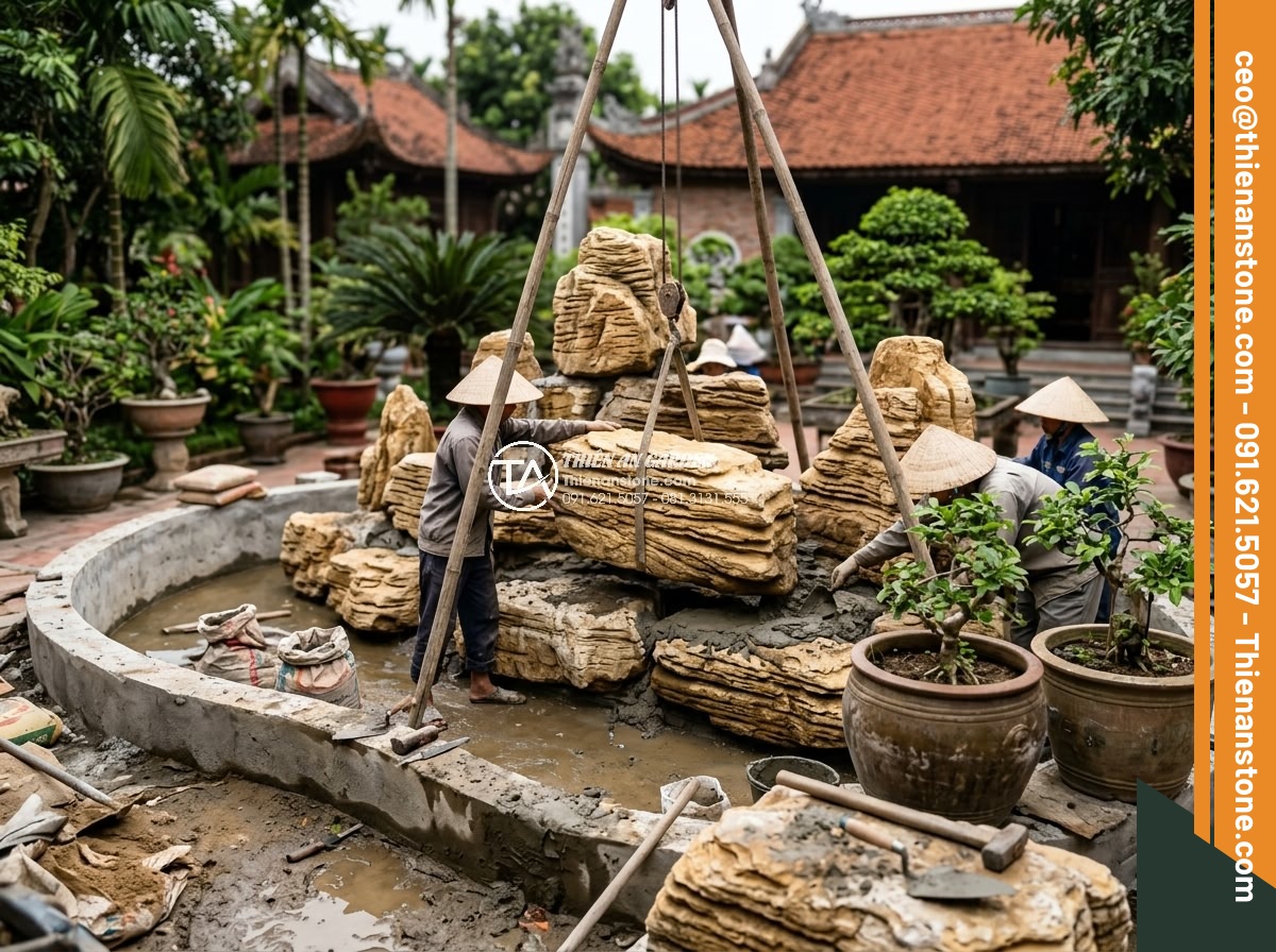 Hòn Non Bộ Đá Cổ Thạch: Tại Sao Lại Có Giá Trị Cao? - Step-by-step construction process of assembling a large hòn non bộ đá cổ thạch w