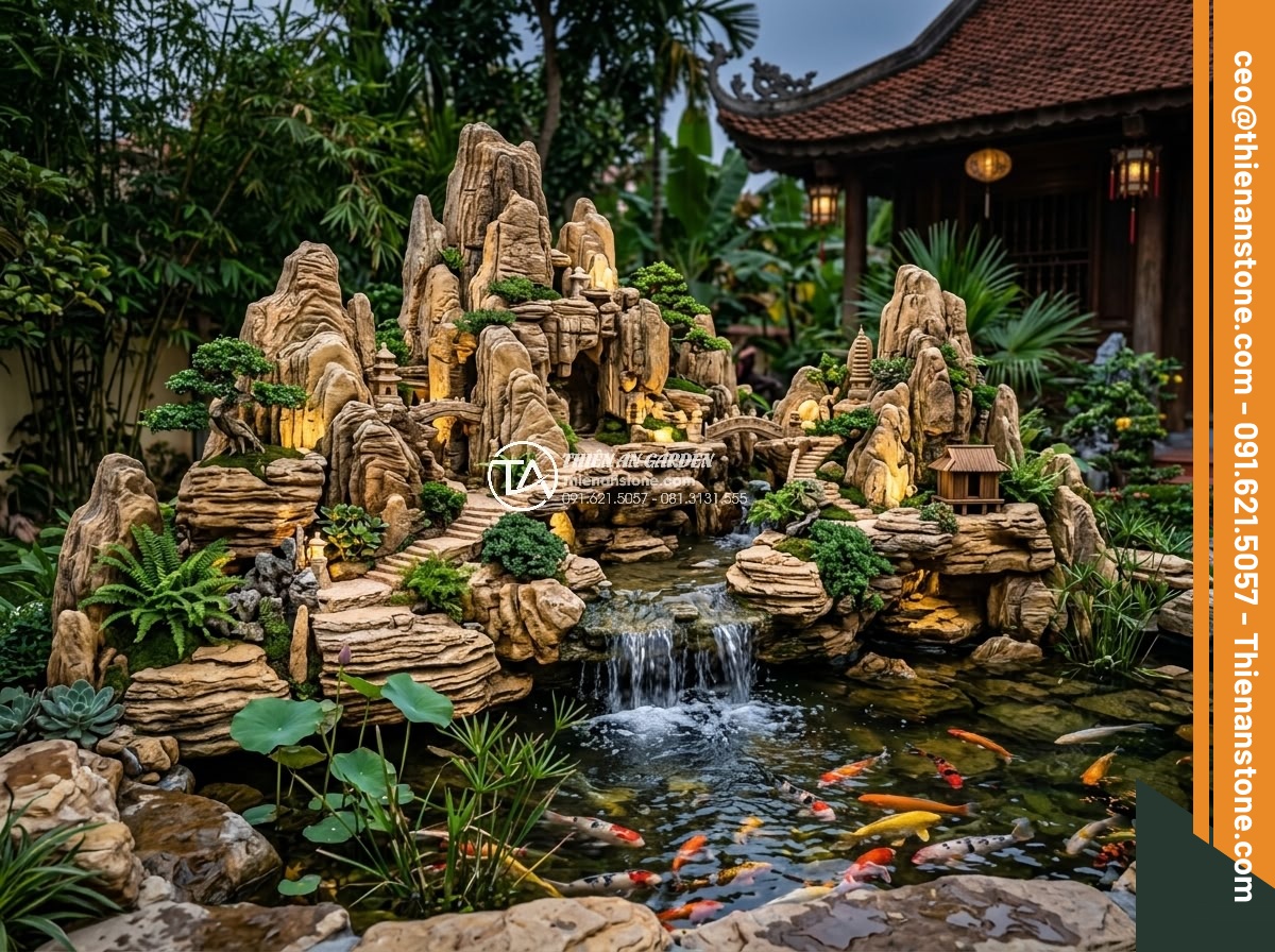Hòn Non Bộ Đá Cổ Thạch: Tại Sao Lại Có Giá Trị Cao? - Final completed stage of a custom non bộ installation with integrated Koi pond a