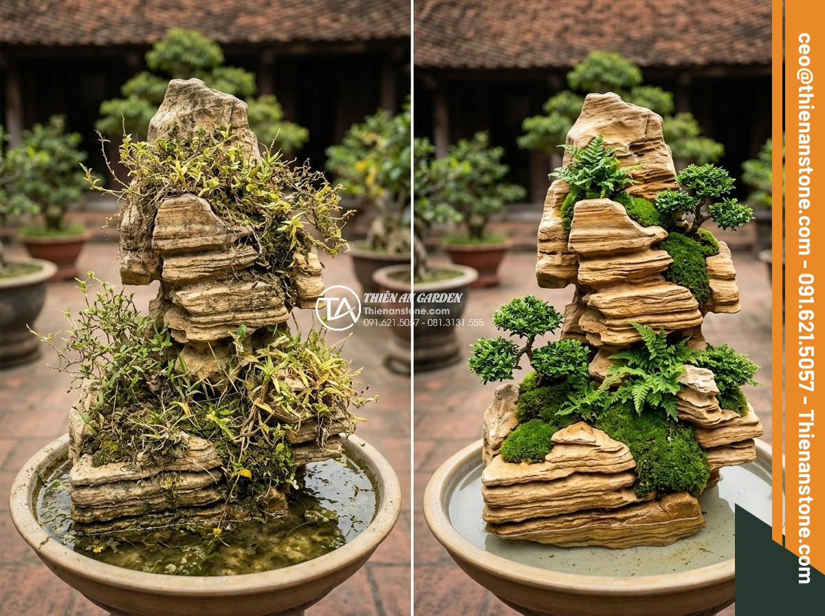 Hòn Non Bộ Đá Cổ Thạch: Tại Sao Lại Có Giá Trị Cao? - Before and after maintenance images showing cleaned and restored hòn non bộ đá c