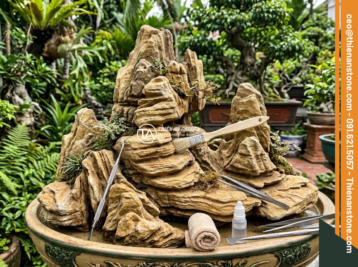 Hòn Non Bộ Đá Cổ Thạch: Tại Sao Lại Có Giá Trị Cao? - Professional technician using specialized tools to clean and preserve an aged cổ