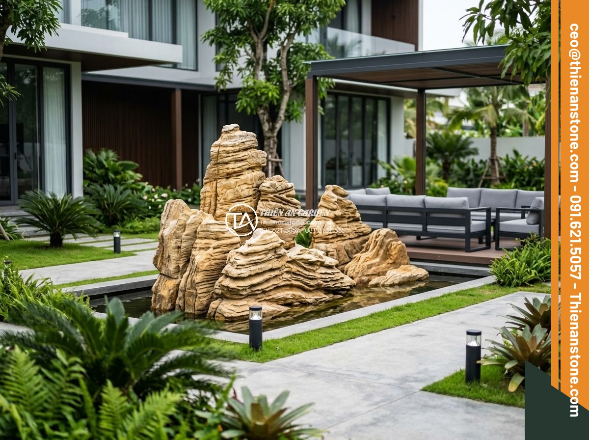 Hòn Non Bộ Đá Cổ Thạch: Tại Sao Lại Có Giá Trị Cao? - Modern luxury villa garden featuring integrated hòn non bộ đá cổ thạch with cont