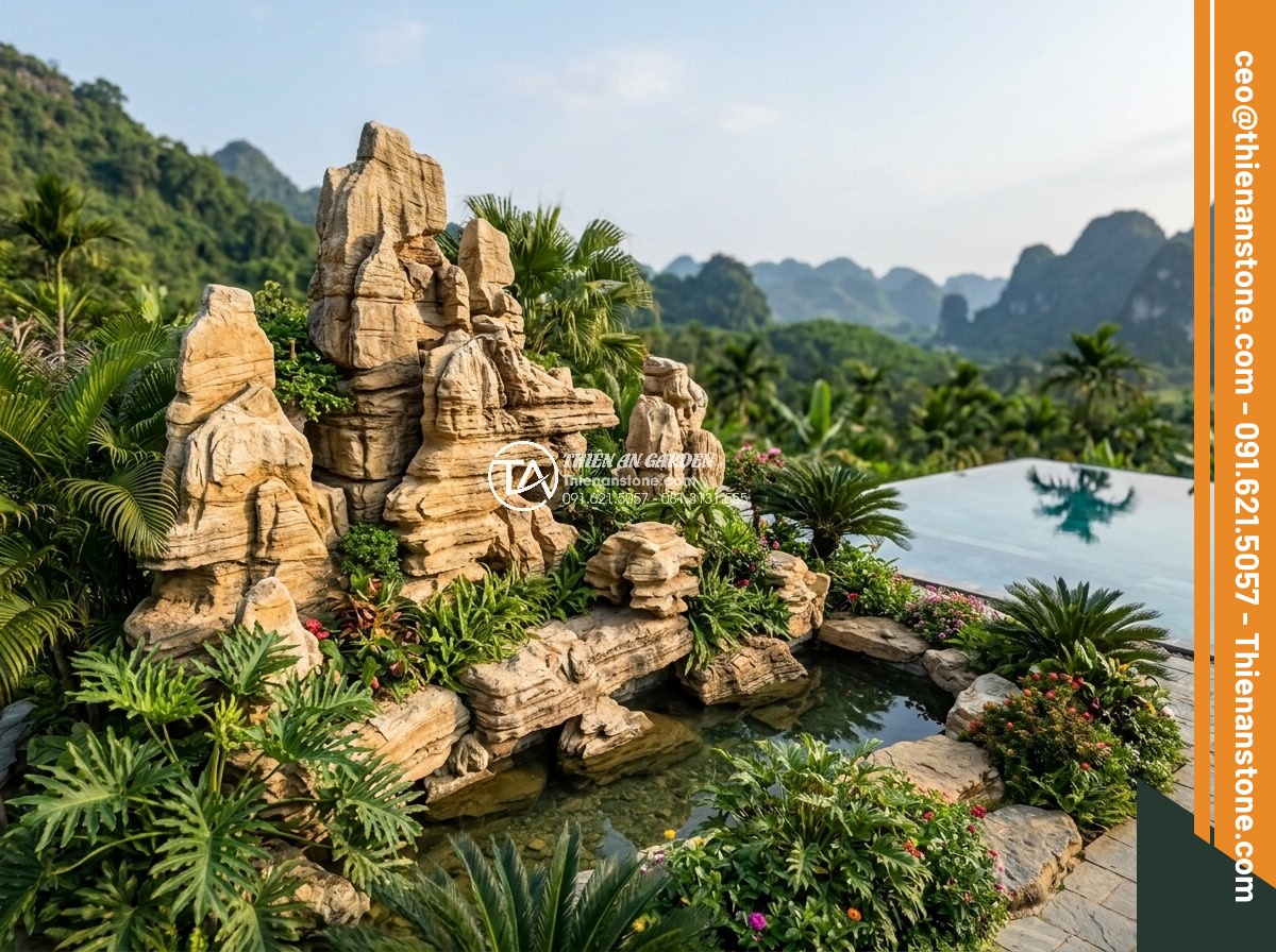 Hòn Non Bộ Đá Cổ Thạch: Tại Sao Lại Có Giá Trị Cao? - Resort landscape with large-scale non bộ đá cổ thạch centerpiece surrounded by t