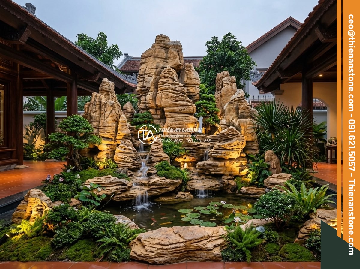 Hòn Non Bộ Đá Cổ Thạch: Tại Sao Lại Có Giá Trị Cao? - Wide angle shot of a complete hòn non bộ đá cổ thạch installation in a luxury vi