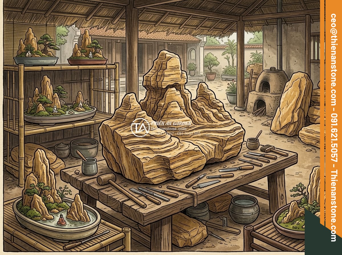 Hòn Non Bộ Đá Cổ Thạch: Tại Sao Lại Có Giá Trị Cao? - Historical illustration style image showing ancient Vietnamese artisans carving 