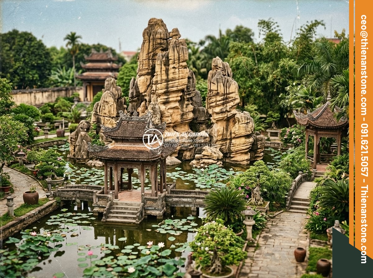 Hòn Non Bộ Đá Cổ Thạch: Tại Sao Lại Có Giá Trị Cao? - Vintage photograph recreation of a royal garden featuring massive non bộ đá cổ t