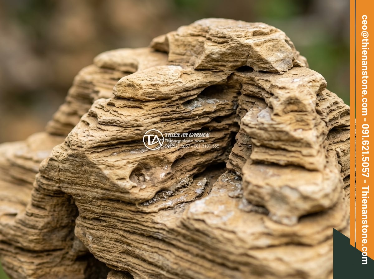Hòn Non Bộ Đá Cổ Thạch: Tại Sao Lại Có Giá Trị Cao? - Macro photography of the unique layered texture and natural holes in a piece of 