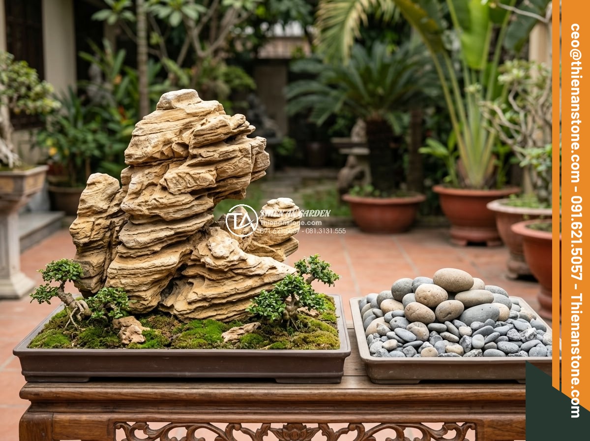 Hòn Non Bộ Đá Cổ Thạch: Tại Sao Lại Có Giá Trị Cao? - Side-by-side comparison image of cổ thạch stone versus regular garden stones, hi