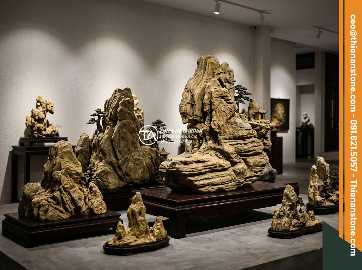 Hòn Non Bộ Đá Cổ Thạch: Tại Sao Lại Có Giá Trị Cao? - Luxury display of rare large-scale hòn non bộ đá cổ thạch pieces in a high-end a
