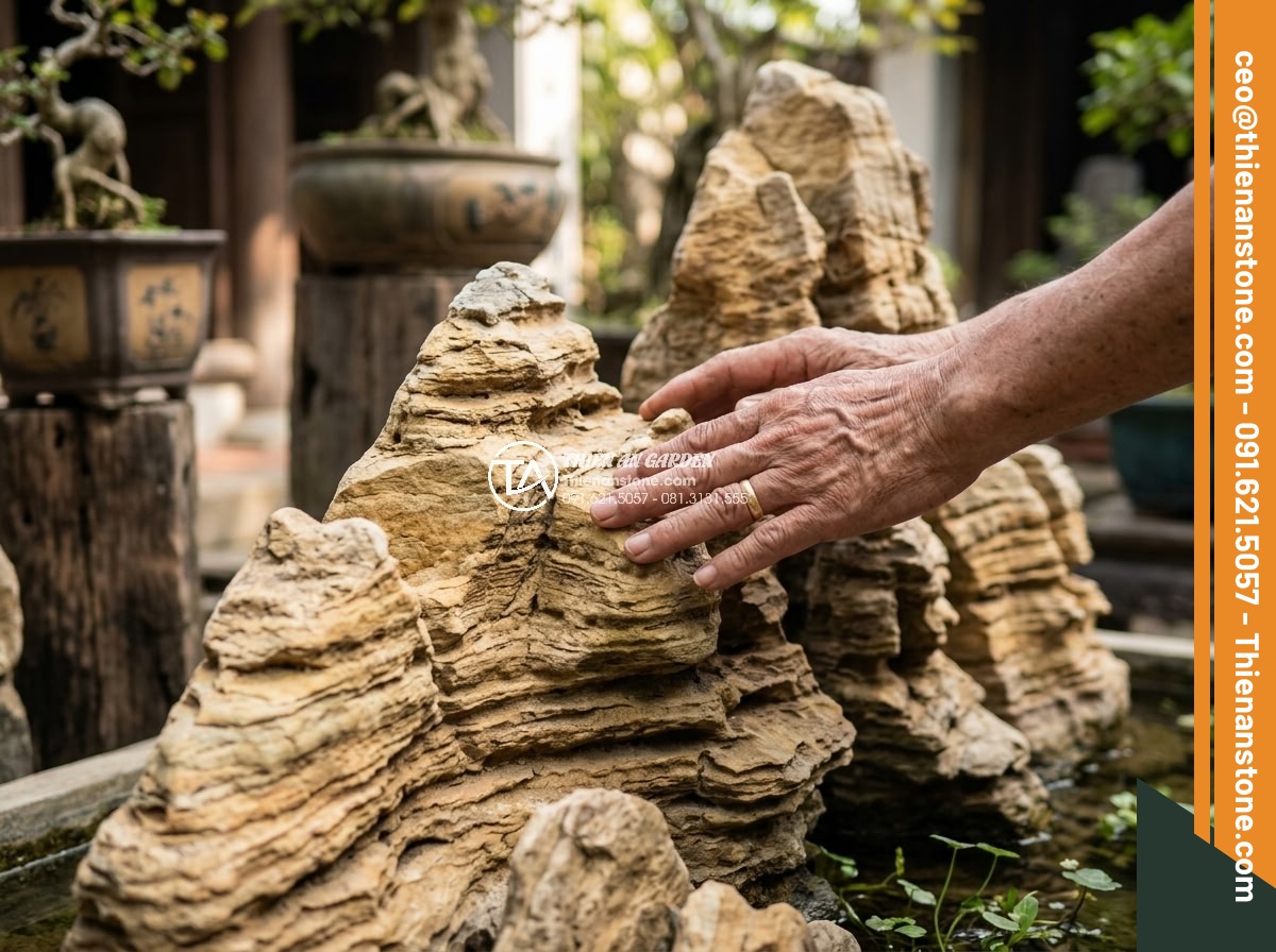 Hòn Non Bộ Đá Cổ Thạch: Tại Sao Lại Có Giá Trị Cao? - Collector’s hands gently touching the surface of an antique cổ thạch stone non-b