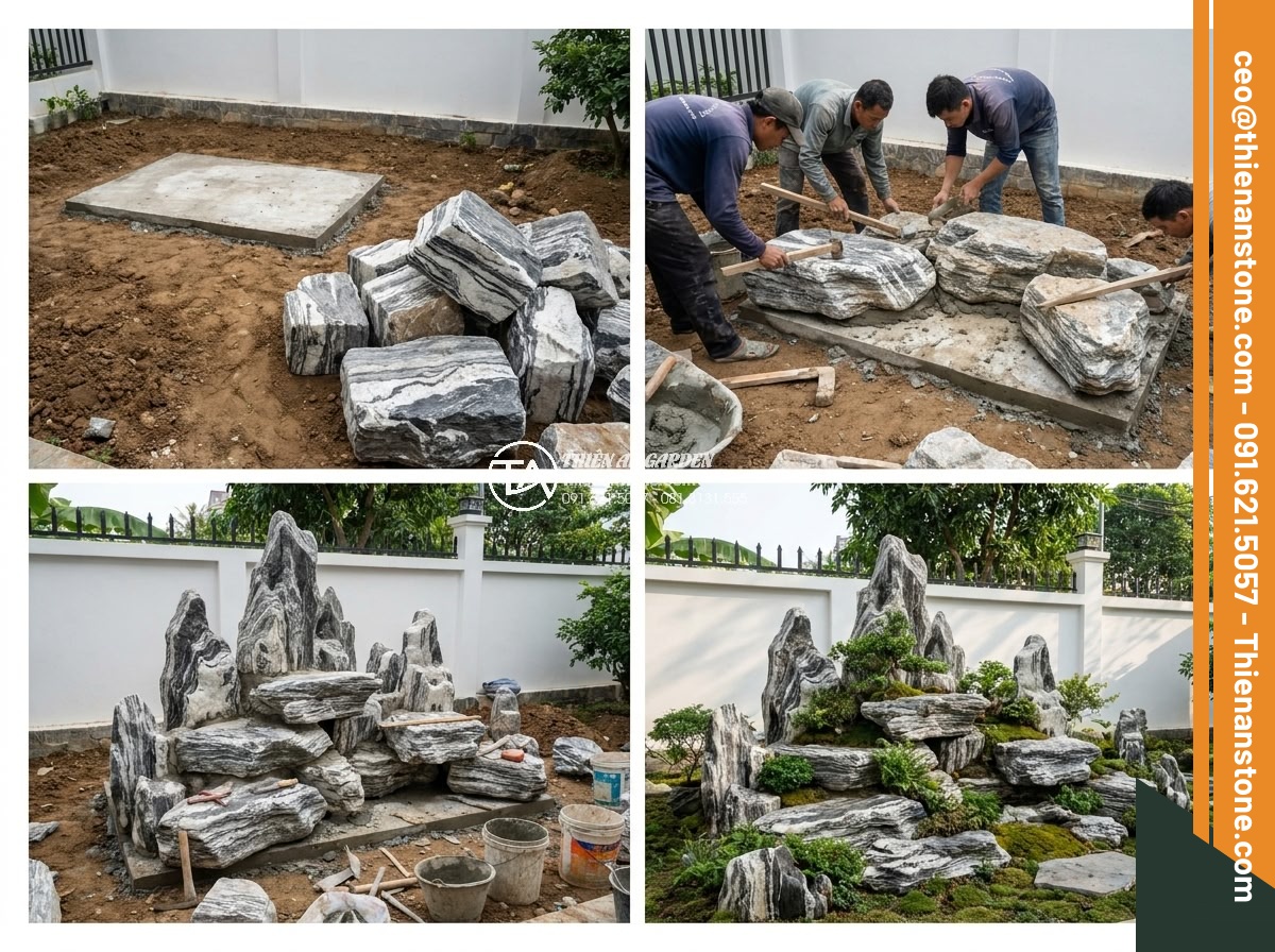 Hòn Non Bộ Đá Tuyết Sơn: Vẻ Đẹp Đẳng Cấp Cho Biệt Thự Sân Vườn - Step-by-step construction process of Tuyet Son stone hòn non bộ showing foundati