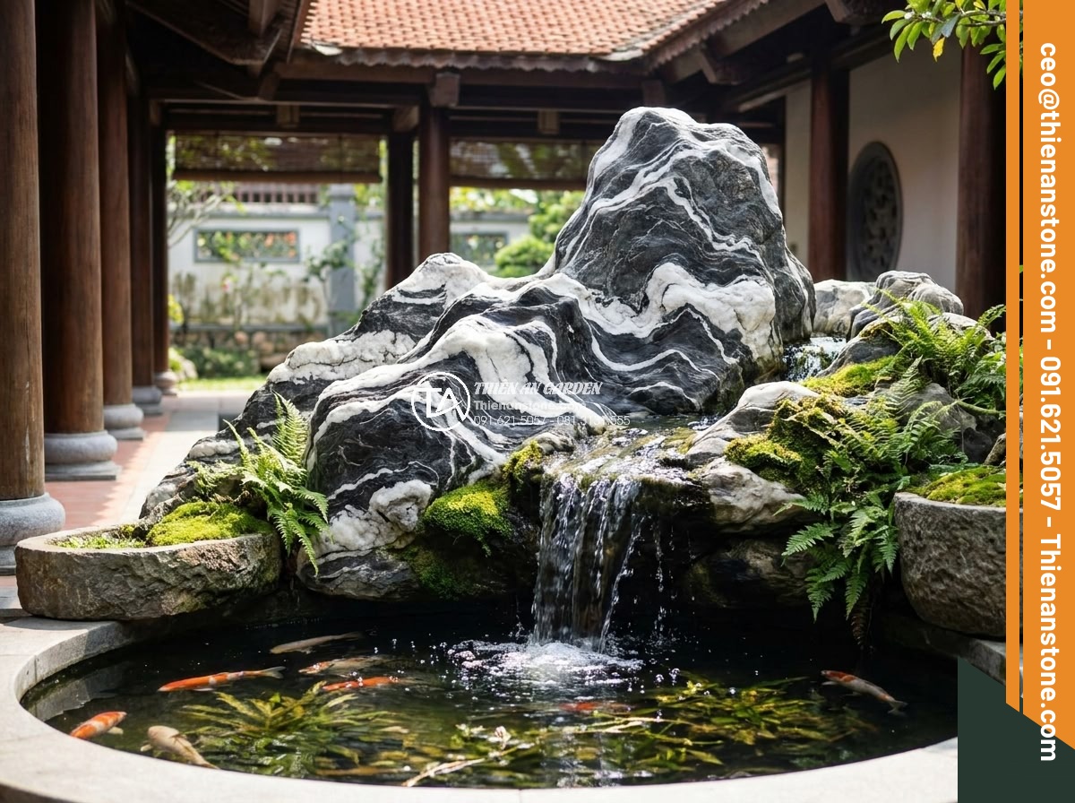Hòn Non Bộ Đá Tuyết Sơn: Vẻ Đẹp Đẳng Cấp Cho Biệt Thự Sân Vườn - Integrated Tuyet Son stone hòn non bộ with koi pond, cascading waterfall and lus