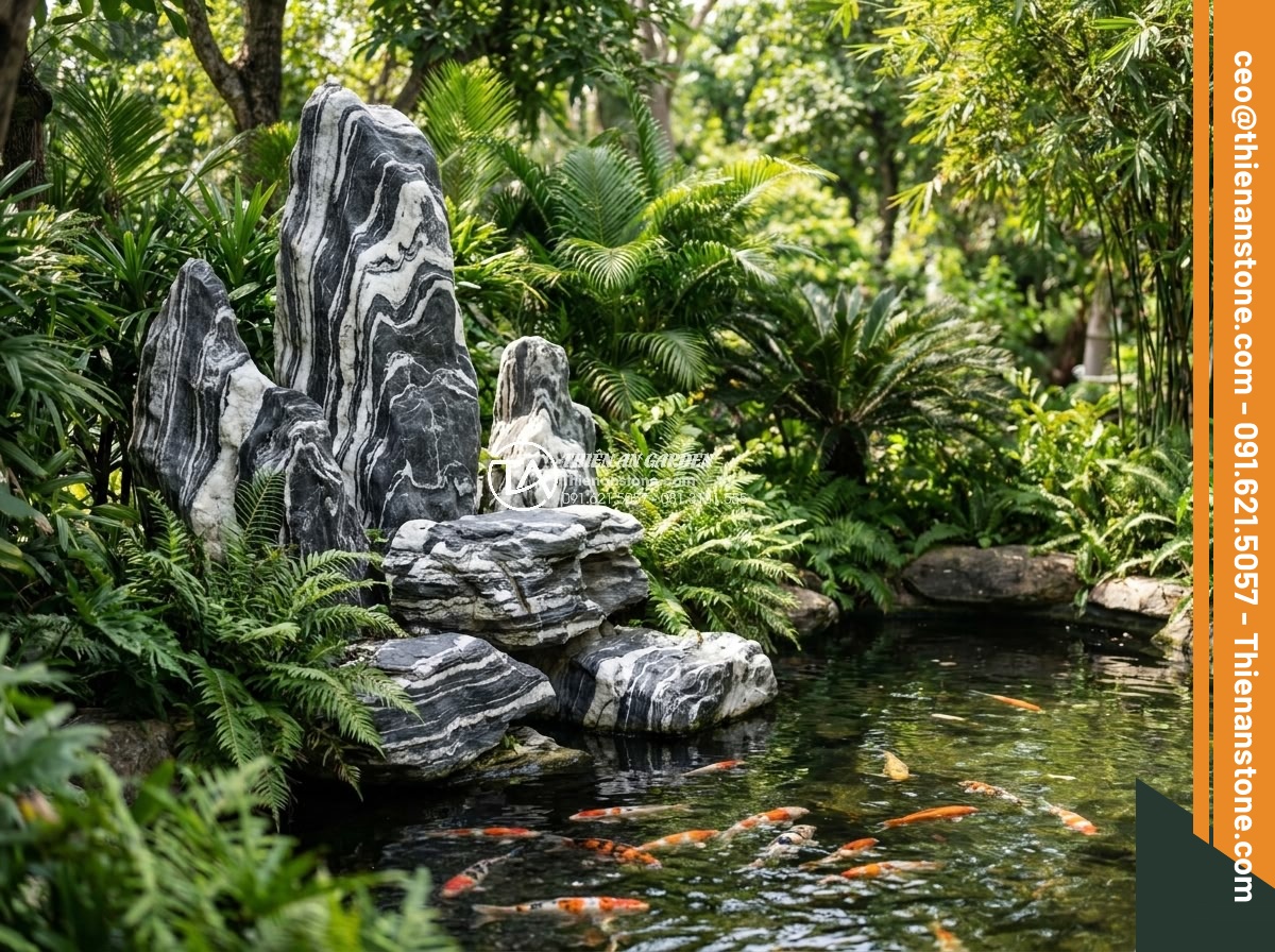 Hòn Non Bộ Đá Tuyết Sơn: Vẻ Đẹp Đẳng Cấp Cho Biệt Thự Sân Vườn - Harmonious garden scene with Tuyet Son rockery, colorful koi fish pond and surro