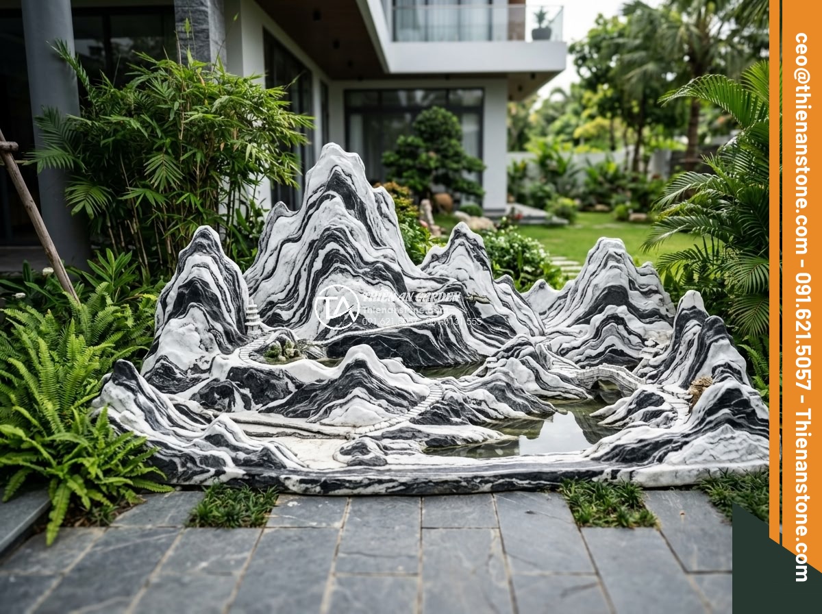 Hòn Non Bộ Đá Tuyết Sơn: Vẻ Đẹp Đẳng Cấp Cho Biệt Thự Sân Vườn - Wide angle shot of entire Tuyet Son stone miniature mountain landscape installed