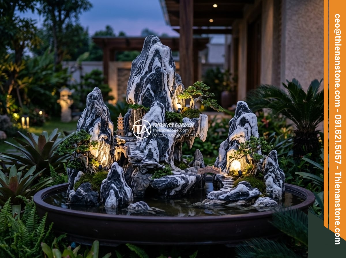 Hòn Non Bộ Đá Tuyết Sơn: Vẻ Đẹp Đẳng Cấp Cho Biệt Thự Sân Vườn - Artistic composition of Tuyet Son stone hòn non bộ with integrated lighting at d