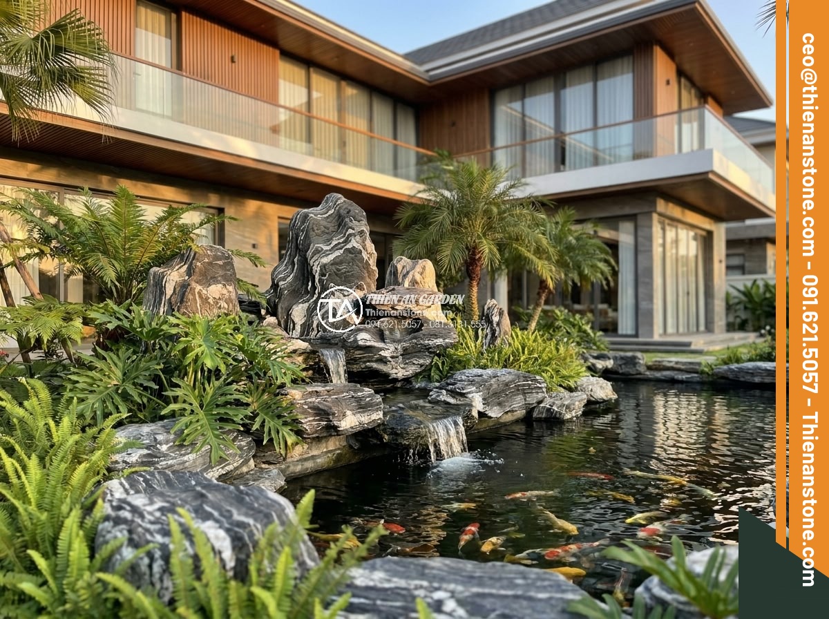 Hòn Non Bộ Đá Tuyết Sơn: Vẻ Đẹp Đẳng Cấp Cho Biệt Thự Sân Vườn - Luxury villa exterior featuring elegant Tuyet Son stone rockery as centerpiece w