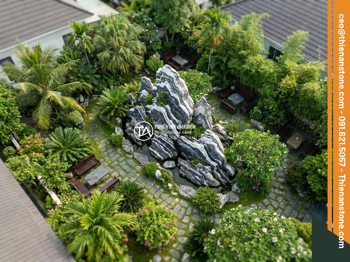 Hòn Non Bộ Đá Tuyết Sơn: Vẻ Đẹp Đẳng Cấp Cho Biệt Thự Sân Vườn - Aerial view perspective of complete villa garden with large scale Tuyet Son ston
