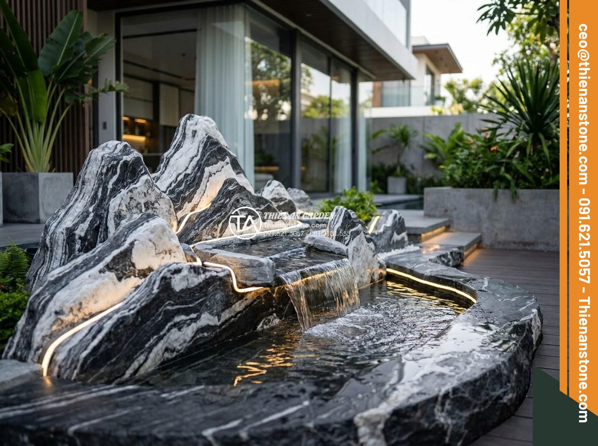 Hòn Non Bộ Đá Tuyết Sơn: Vẻ Đẹp Đẳng Cấp Cho Biệt Thự Sân Vườn - Modern minimalist Tuyet Son stone rockery with integrated LED lighting and water