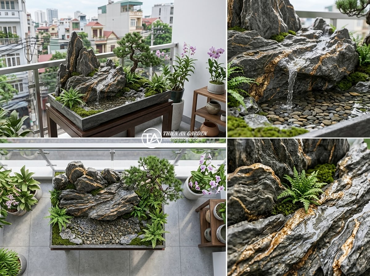 Hòn Non Bộ Mini Bằng Đá: Nghệ Thuật Trang Trí Không Gian Nhỏ - Hình 4 Hòn Non Bộ Mini Bằng Đá: Nghệ Thuật Trang Trí Không Gian Nhỏ - Professional 3D rendering visualization of miniature stone garden design for sma