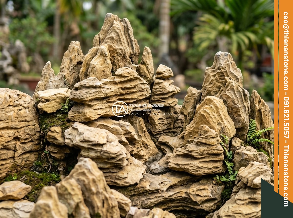 Hướng Dẫn Cách Làm Hòn Non Bộ Bằng Đá Tự Nhiên Cho Người Mới - Hình 13 Hướng Dẫn Cách Làm Hòn Non Bộ Bằng Đá Tự Nhiên Cho Người Mới - Close-up of expert stone stacking technique for creating realistic mountain peak