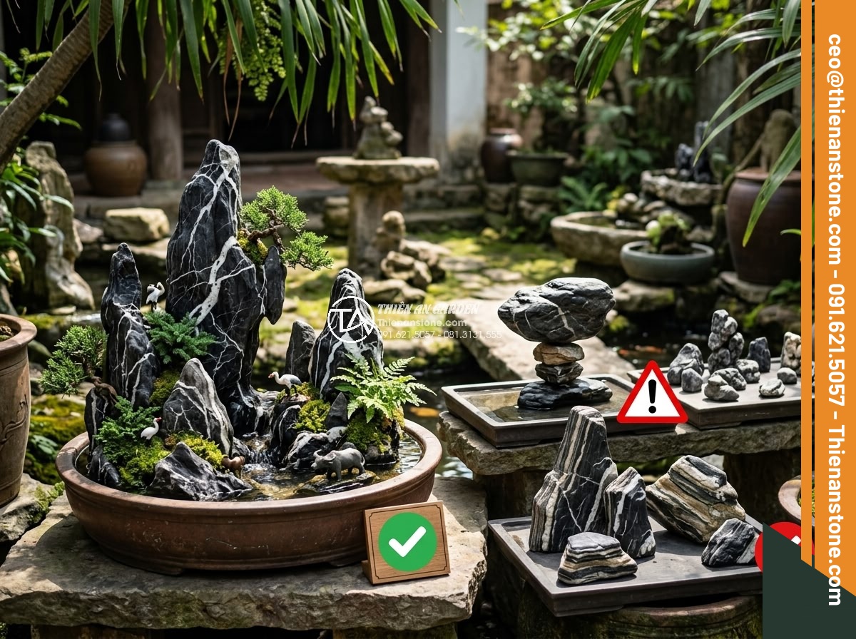 Hướng Dẫn Cách Làm Hòn Non Bộ Bằng Đá Tự Nhiên Cho Người Mới - Hình 21 Hướng Dẫn Cách Làm Hòn Non Bộ Bằng Đá Tự Nhiên Cho Người Mới - Common mistakes in non-bo construction with warning icons and correct vs incorre