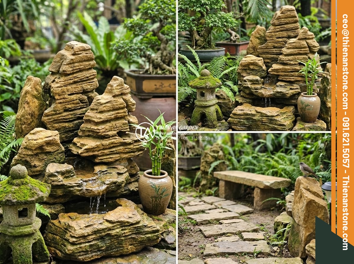 Hướng Dẫn Cách Làm Hòn Non Bộ Bằng Đá Tự Nhiên Cho Người Mới - Hình 4 Hướng Dẫn Cách Làm Hòn Non Bộ Bằng Đá Tự Nhiên Cho Người Mới - Infographic style image showing benefits of natural stone non-bo including durab
