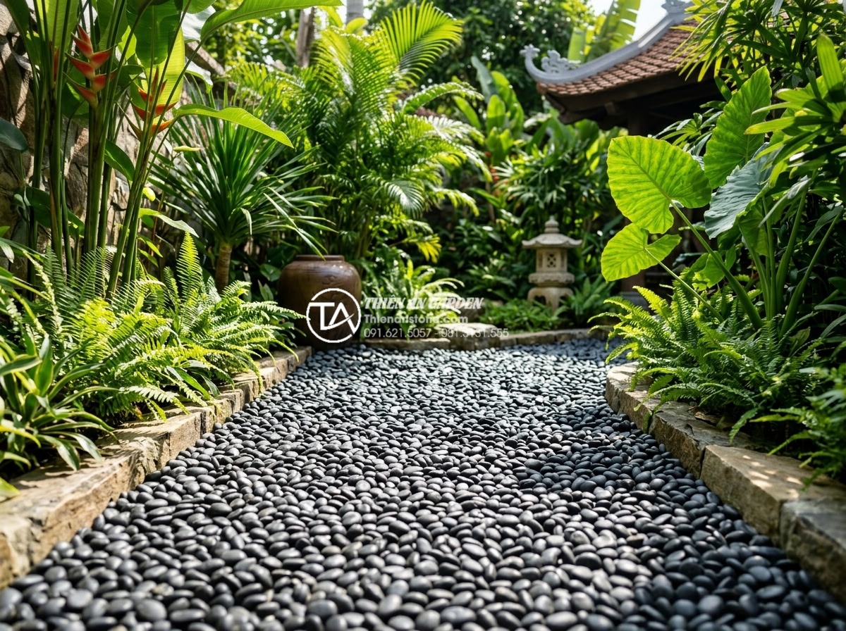 Hướng Dẫn Cách Rải Sỏi Sân Vườn Đúng Kỹ Thuật Không Bị Lún - Professional landscape photo showing a perfectly leveled Vietnamese garden with