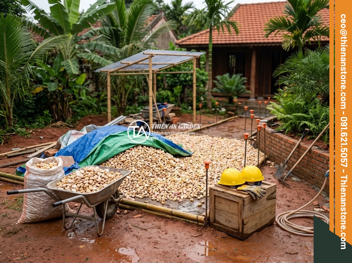 Hướng Dẫn Cách Rải Sỏi Sân Vườn Đúng Kỹ Thuật Không Bị Lún - Important safety and weather considerations during pebble spreading in outdoor g