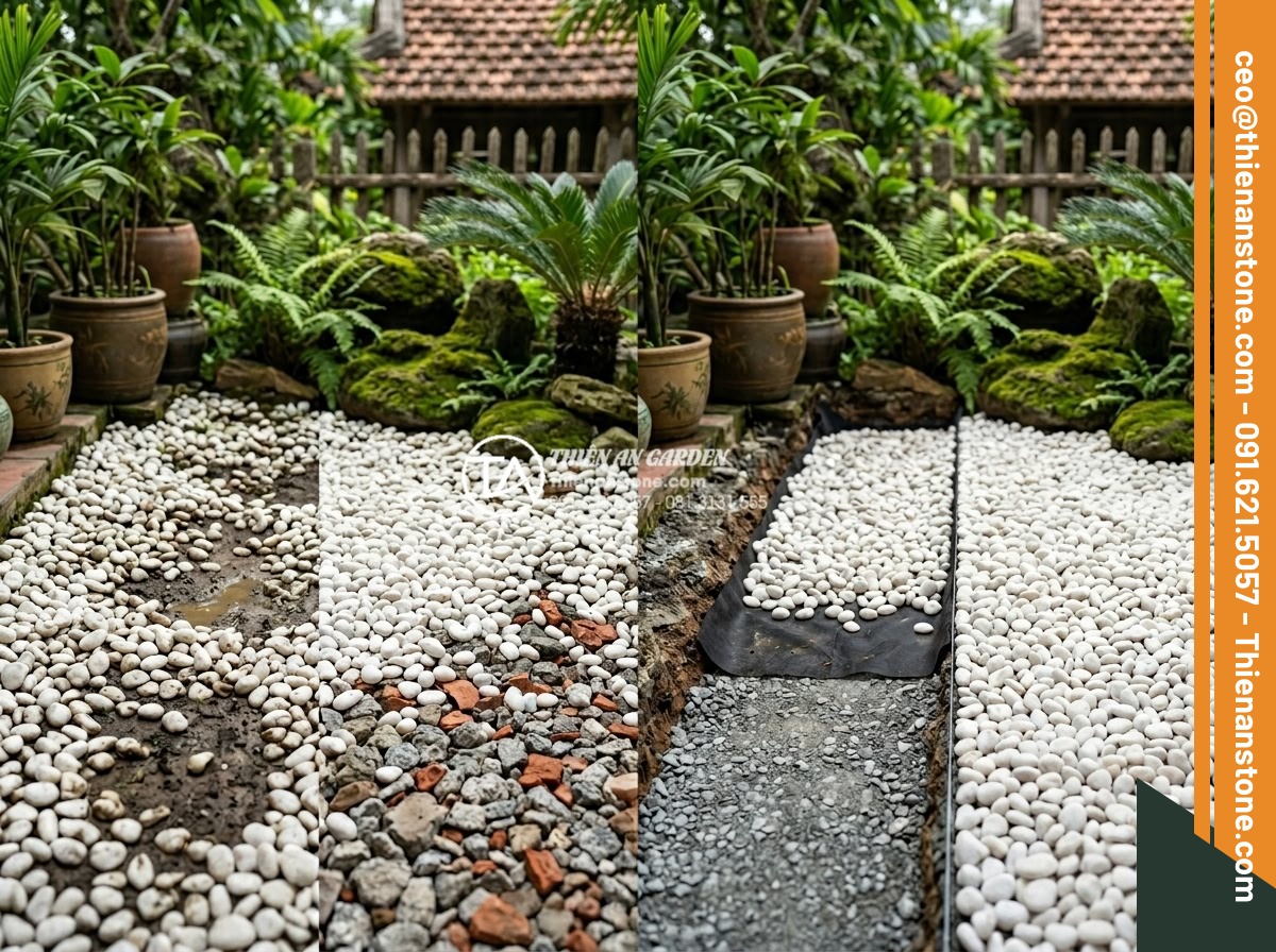 Hướng Dẫn Cách Rải Sỏi Sân Vườn Đúng Kỹ Thuật Không Bị Lún - Common mistakes in pebble garden spreading like uneven sinking and poor base wit